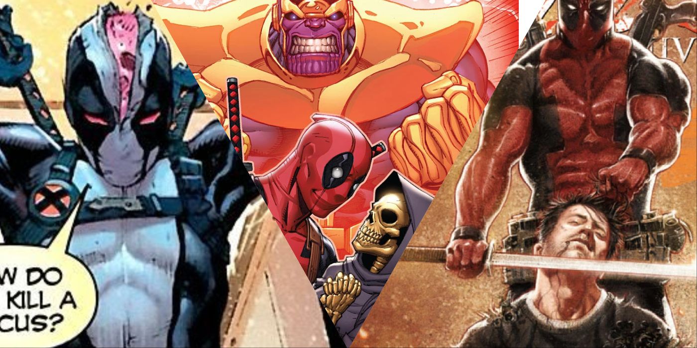 A split image of Deadpool in his X-Force costume jumping into action, Deadpool embracing Mistress Death with Thanos sneering behind them, and Deadpool with a sword to Punisher's neck.