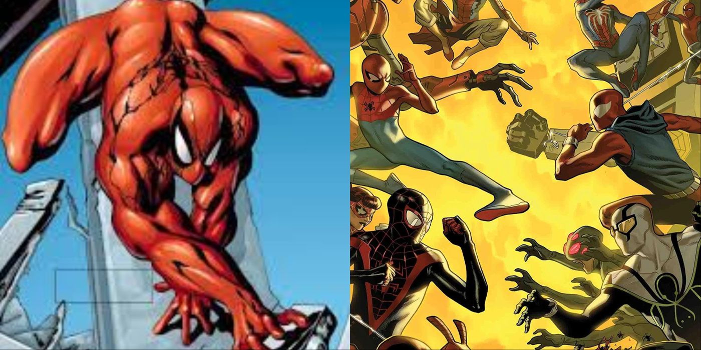 A split image of the Spider from Exiles and battling Spider-Men from the Spider-Verse