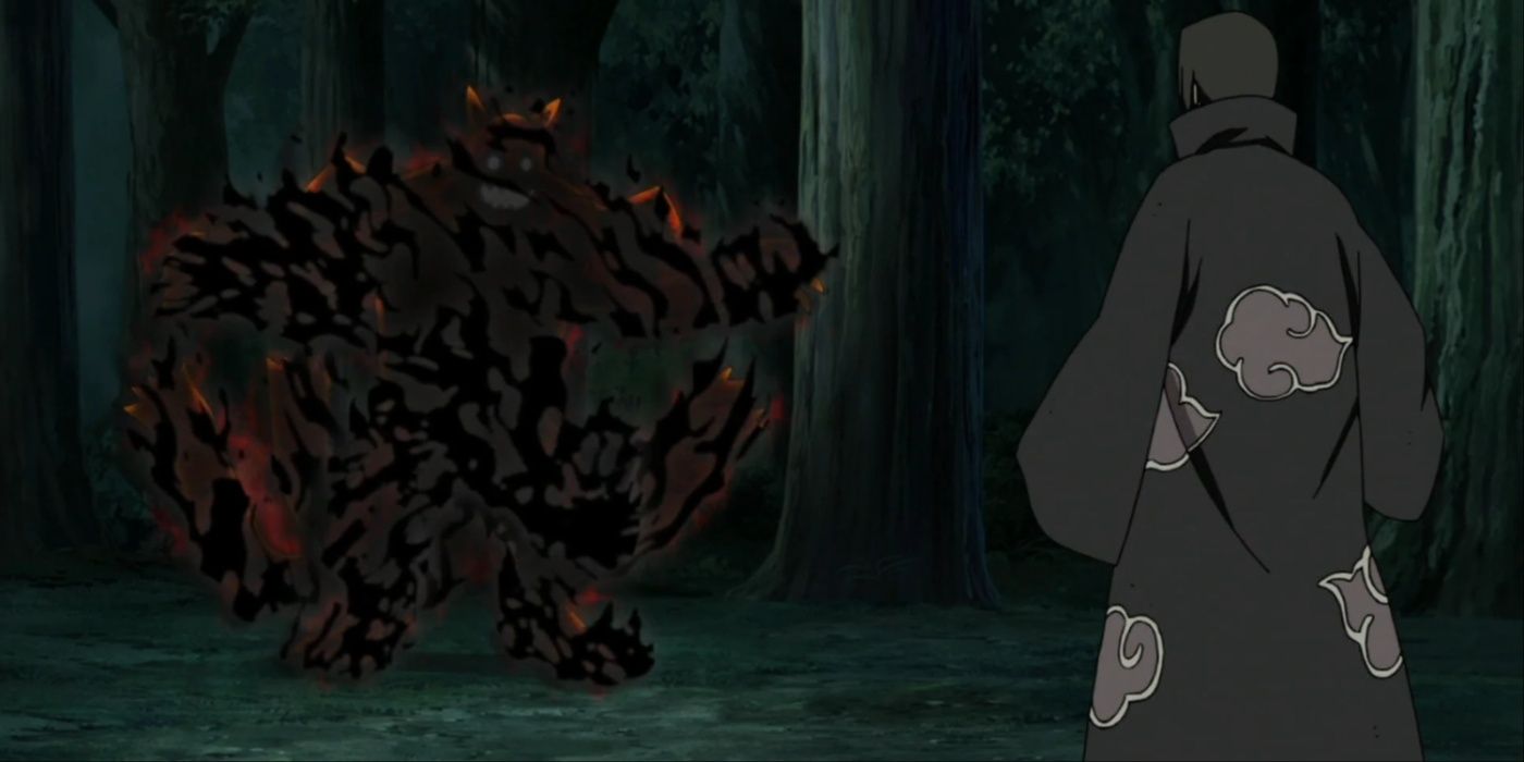 Yagura na versão 2 sendo atacado pelo Amaterasu de Itachi em Naruto 