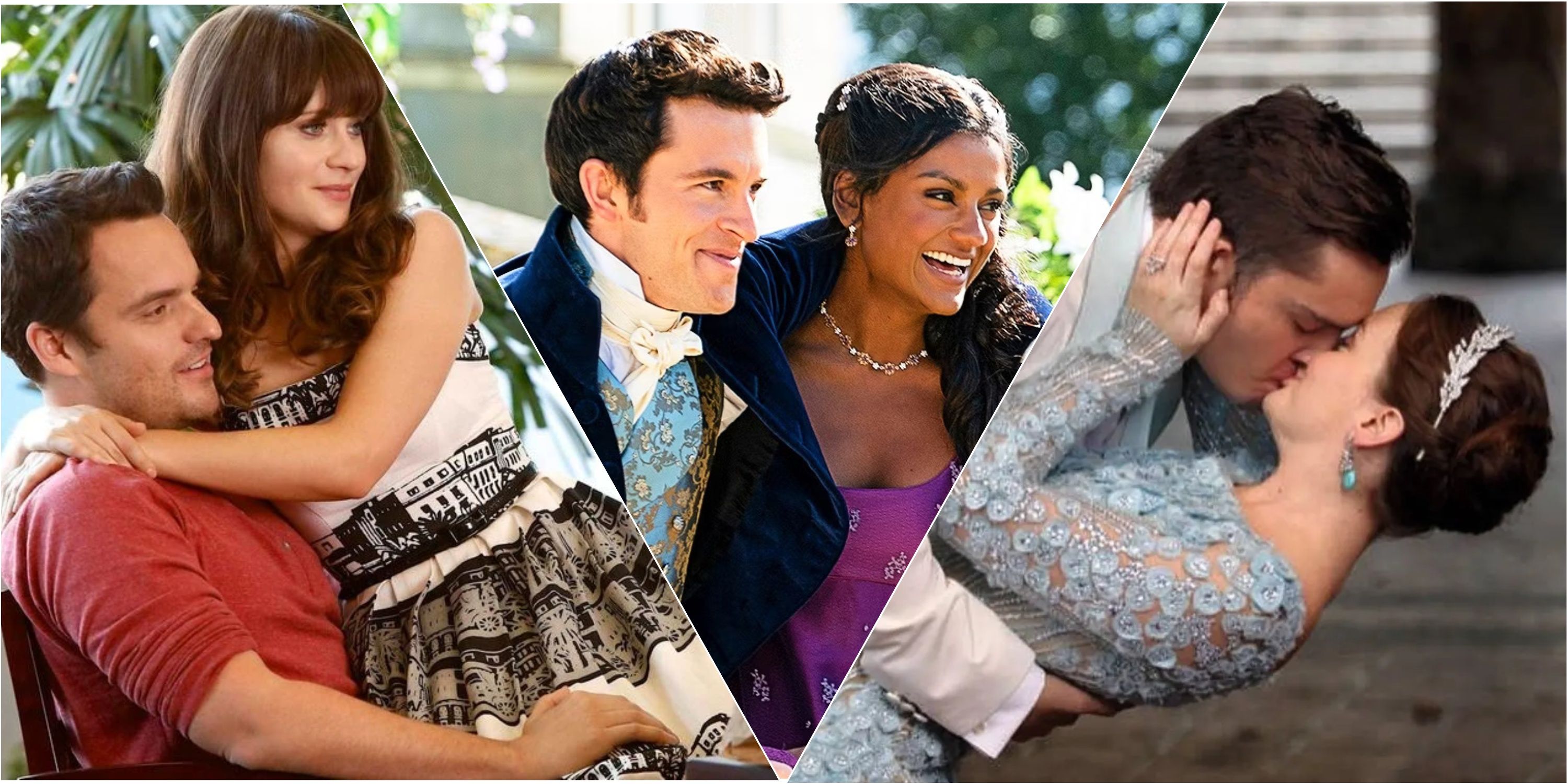 Split image of Nick and Jess in New Girl, Kate and Anthony in Bridgerton, and Chuck and Blair in Gossip Girl