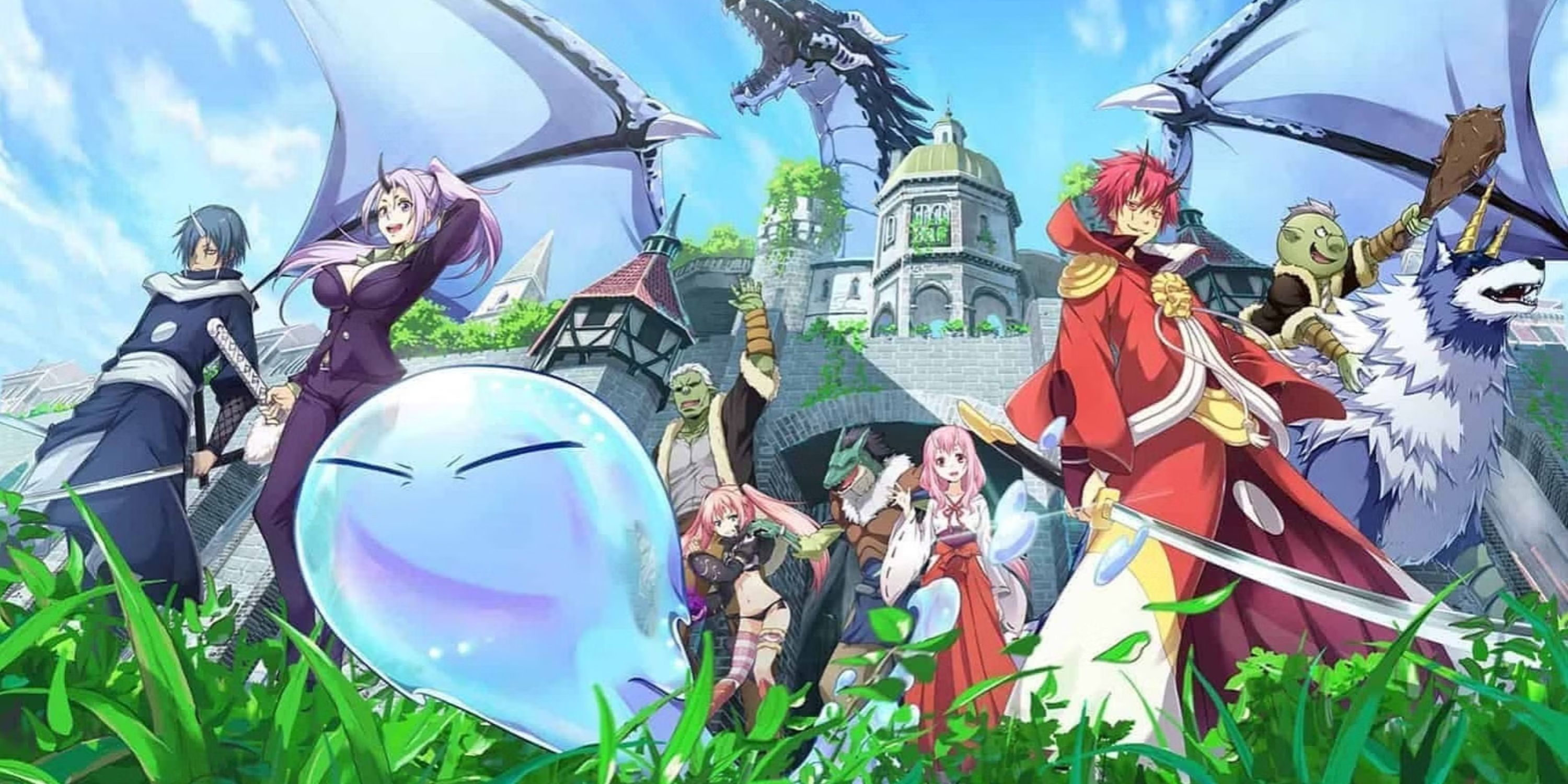 That Time I Got Reincarnated as a Slime Season 1 characters in front of a dragon and castle