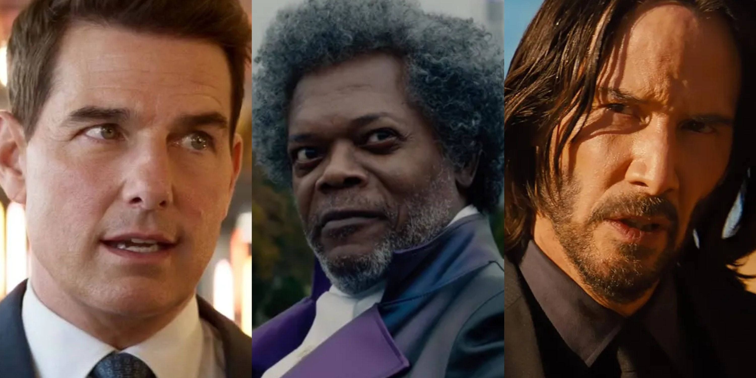 Split image Tom Cruise as Ethan Hunt, Samuel L. Jackson as Mr Glass, Keanu Reeves as John Wick