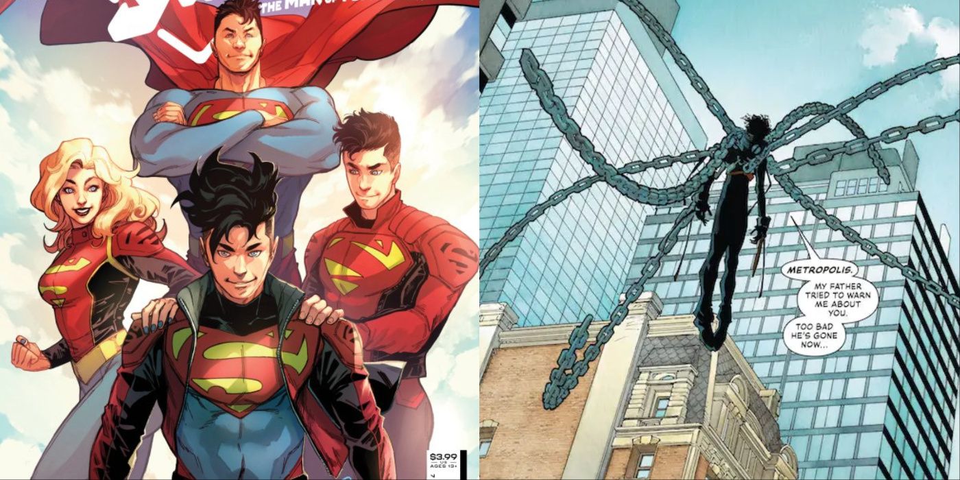 A split image of Superboy and the Superman Family and the Chained
