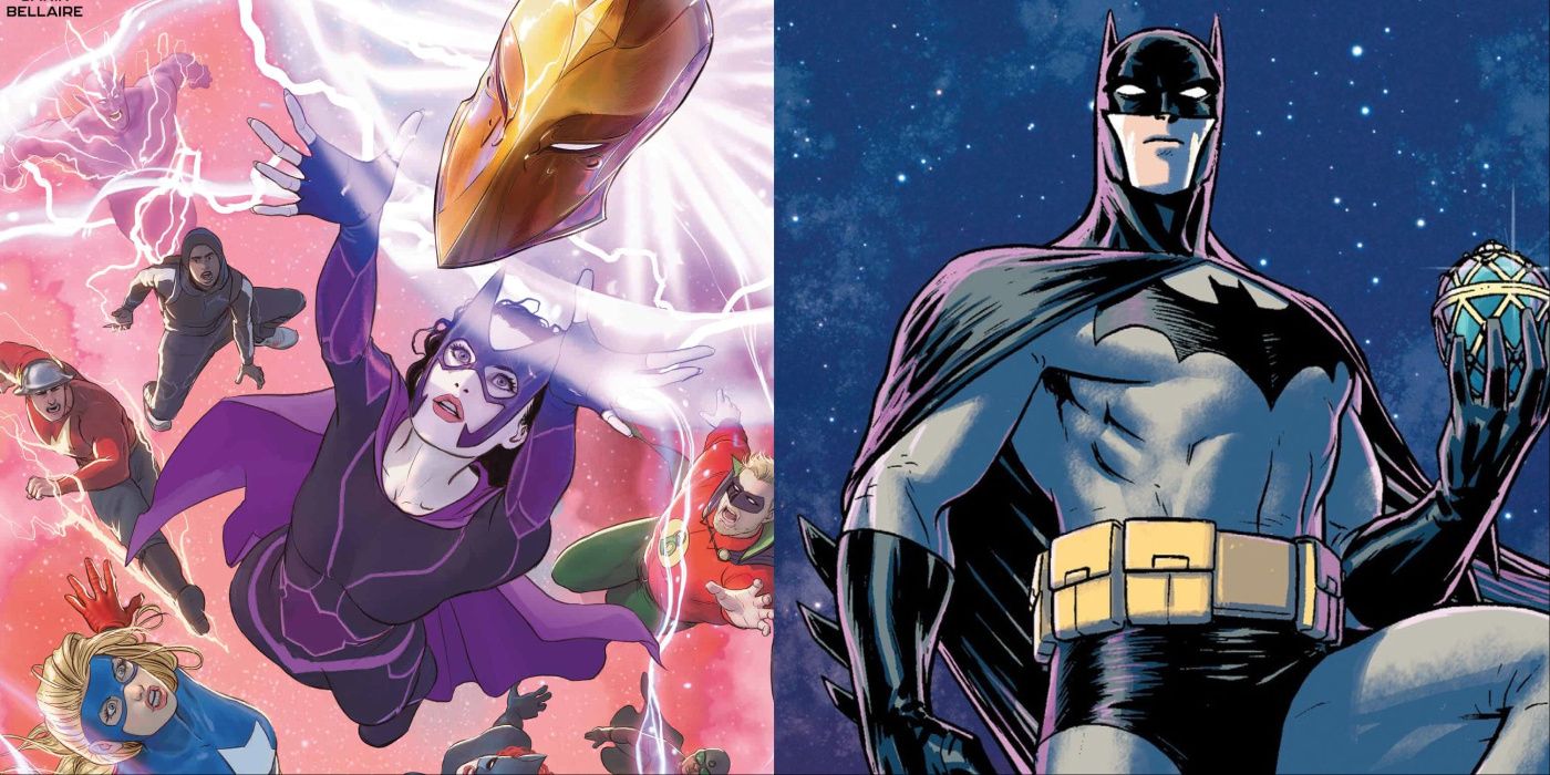 A split image of Huntress and the Justice Society and Batman