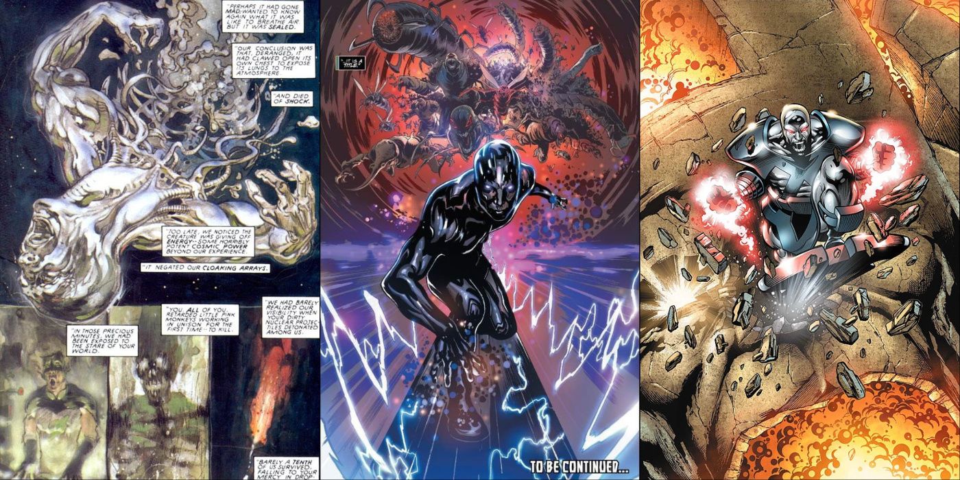 A split image of different tragic versions of Silver Surfer from Marvel Ruins, Thanos Wins, and Exiles