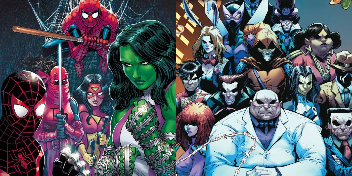 A split image of Spider-Man and his allies and the villains of Gang War