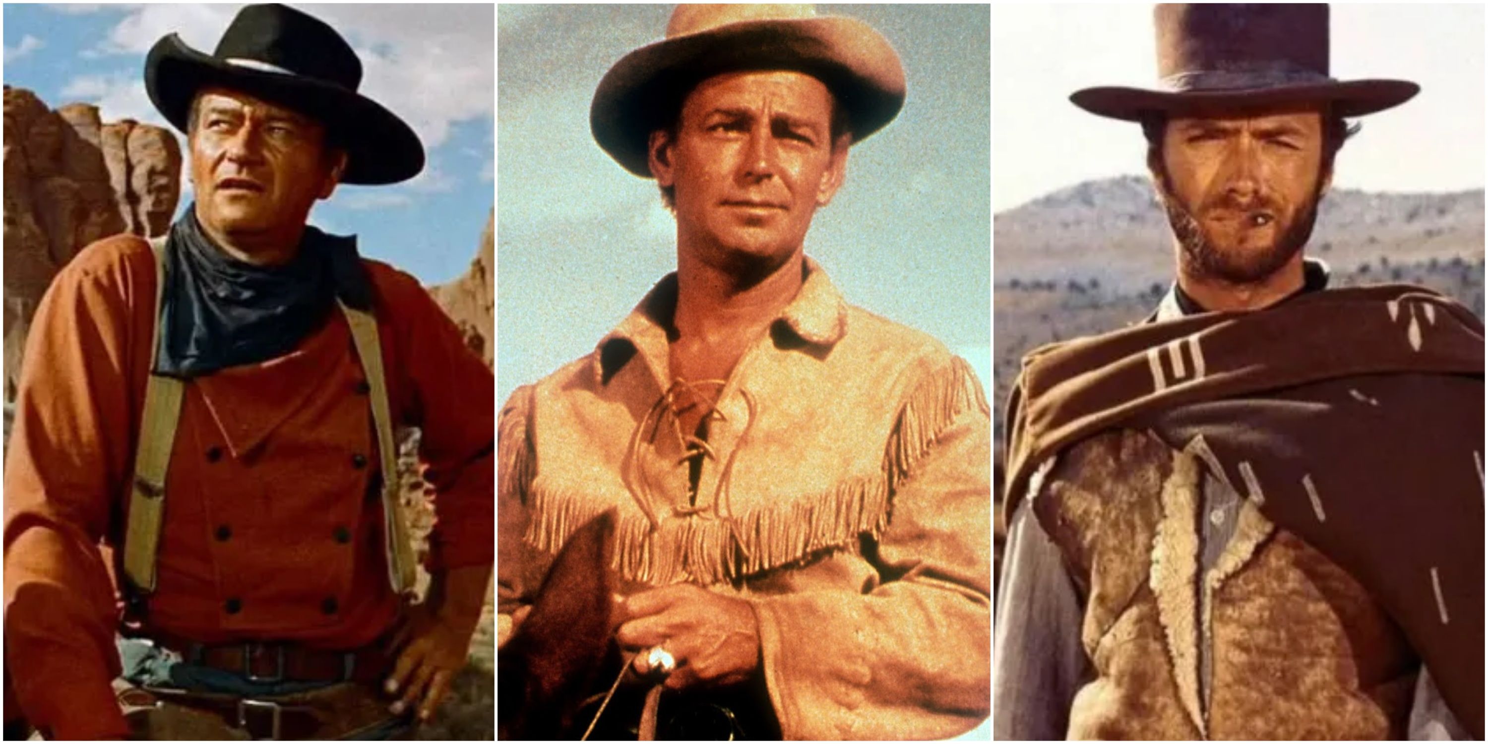 Split image John Wayne in the Searchers, Alan Ladd in Shane, Clint Eastwood in A Fistful of Dollars