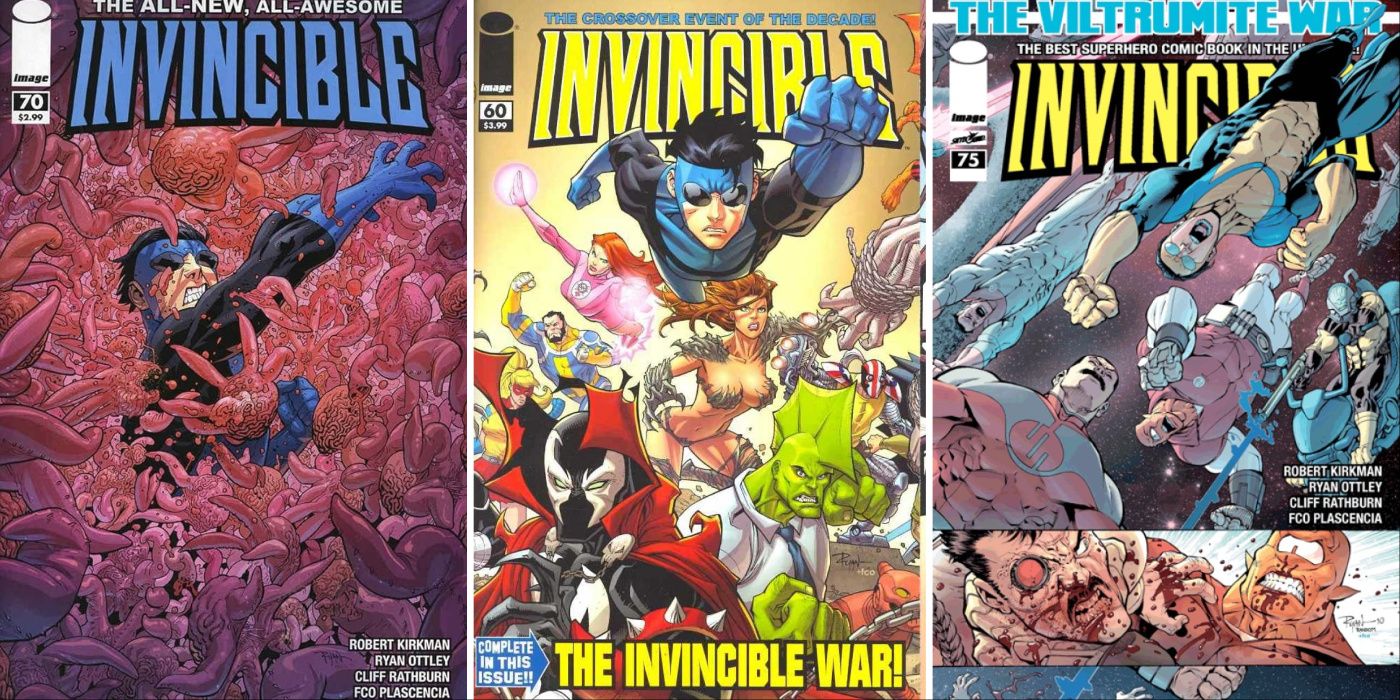 A split image of Invincible #70, #65, and #75