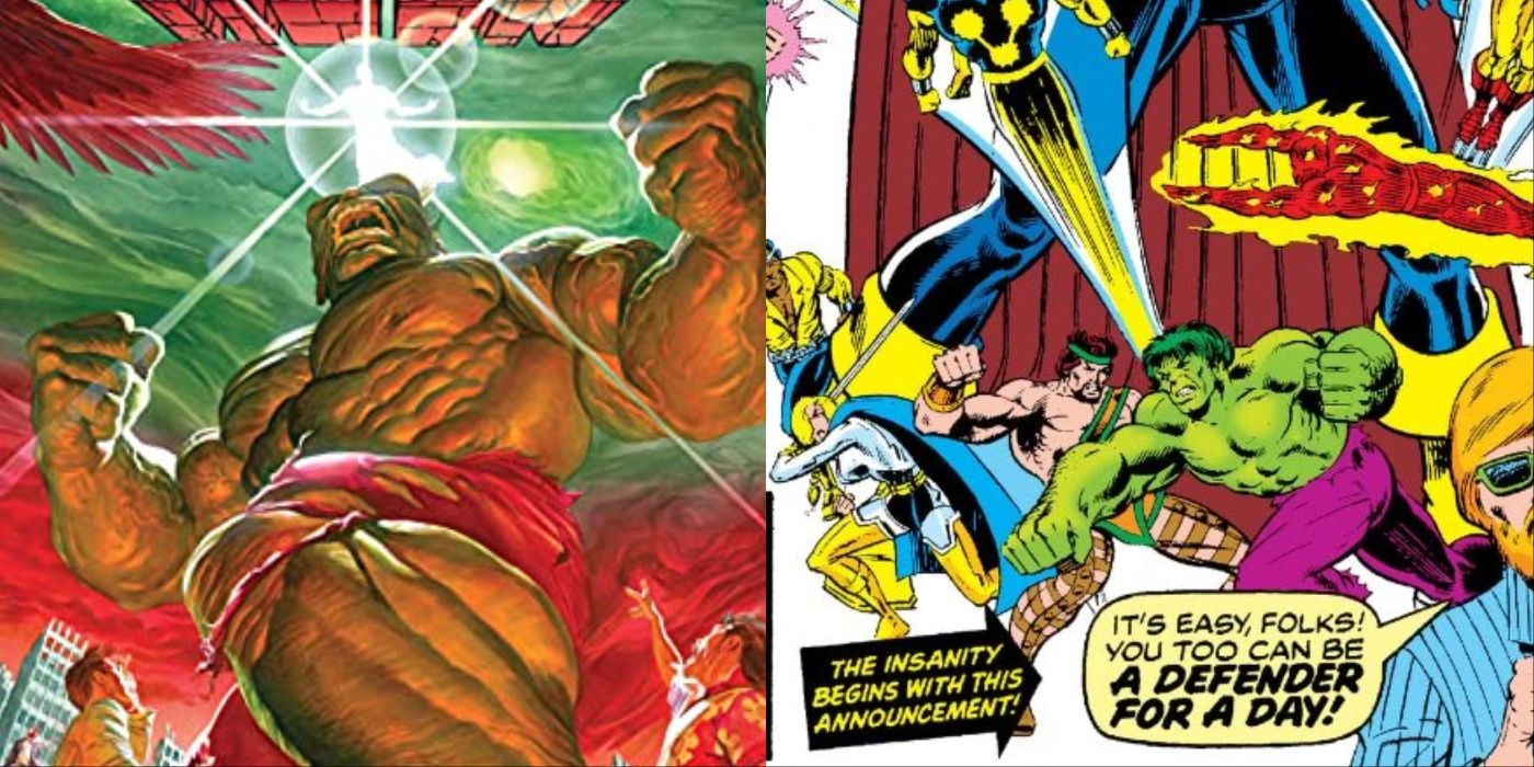 A split image of the Hulk and the Hulk fighting the Defenders
