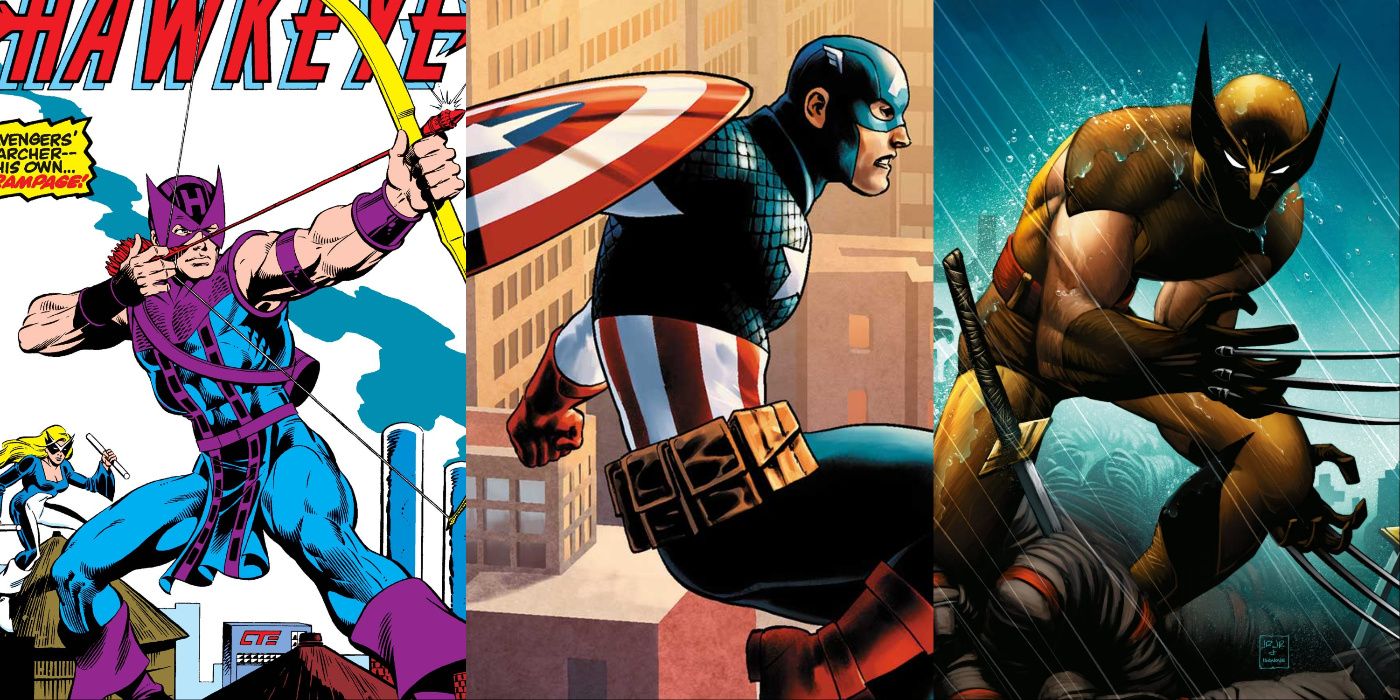 A split image of Hawkeye, Captain America, and Wolverine