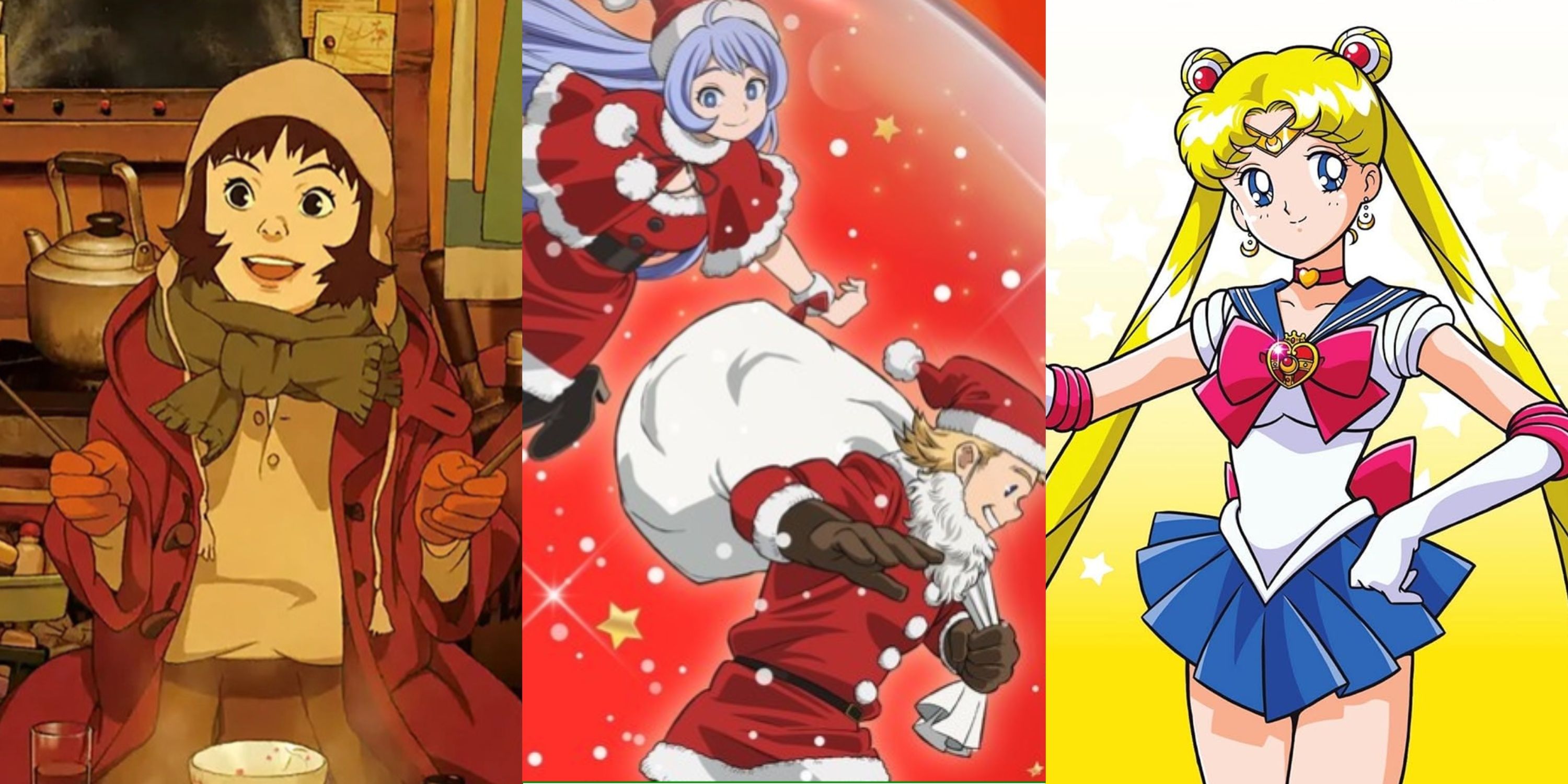Split image of Tokyo Godfathers, the Christmas episode of My Hero Academia, and Sailor Moon S