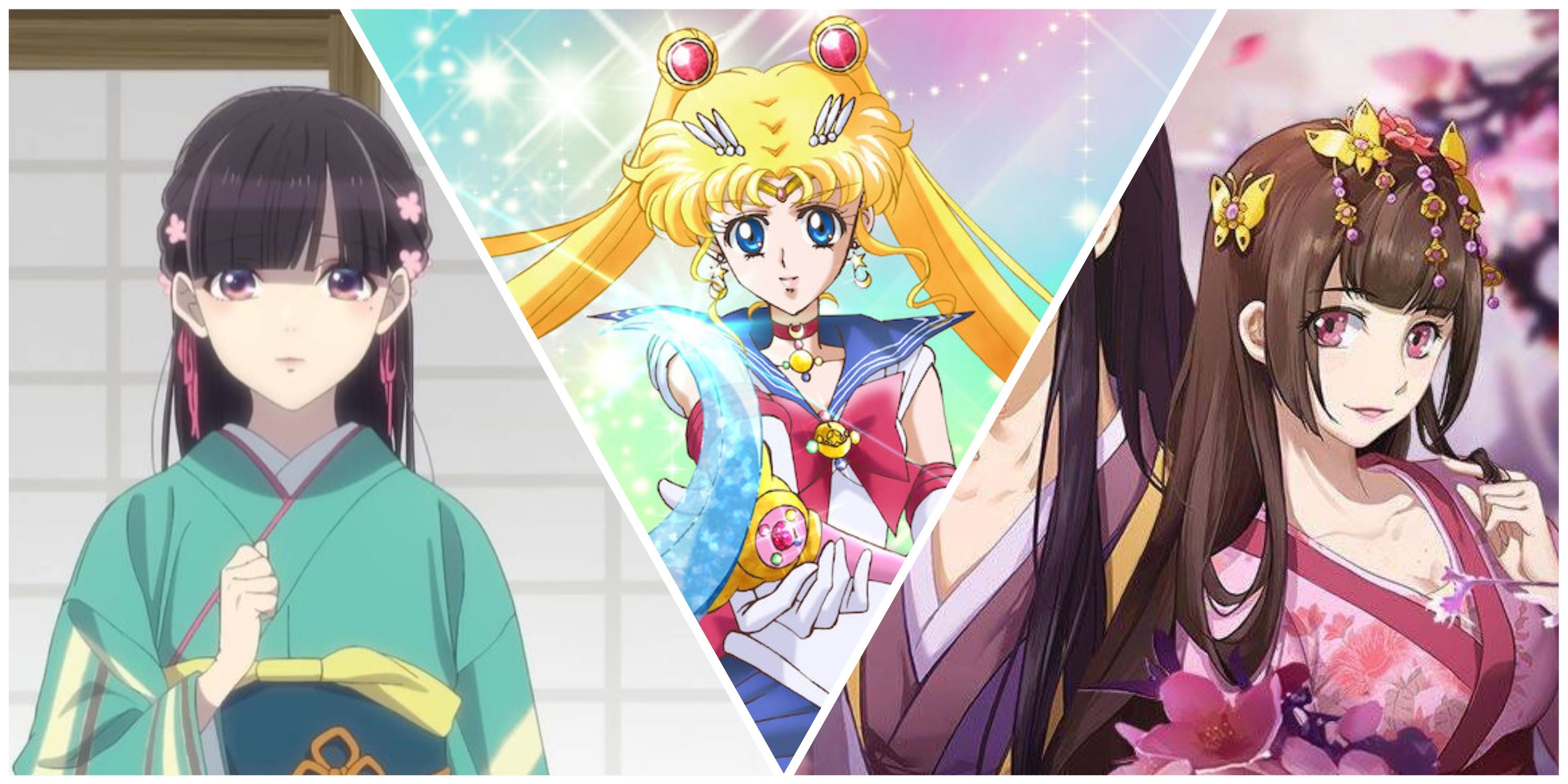 Split image of Miyo from My Happy Marriage, Usagi from Sailor Moon Crystal, and Qian Yunxi from Psychic Princess