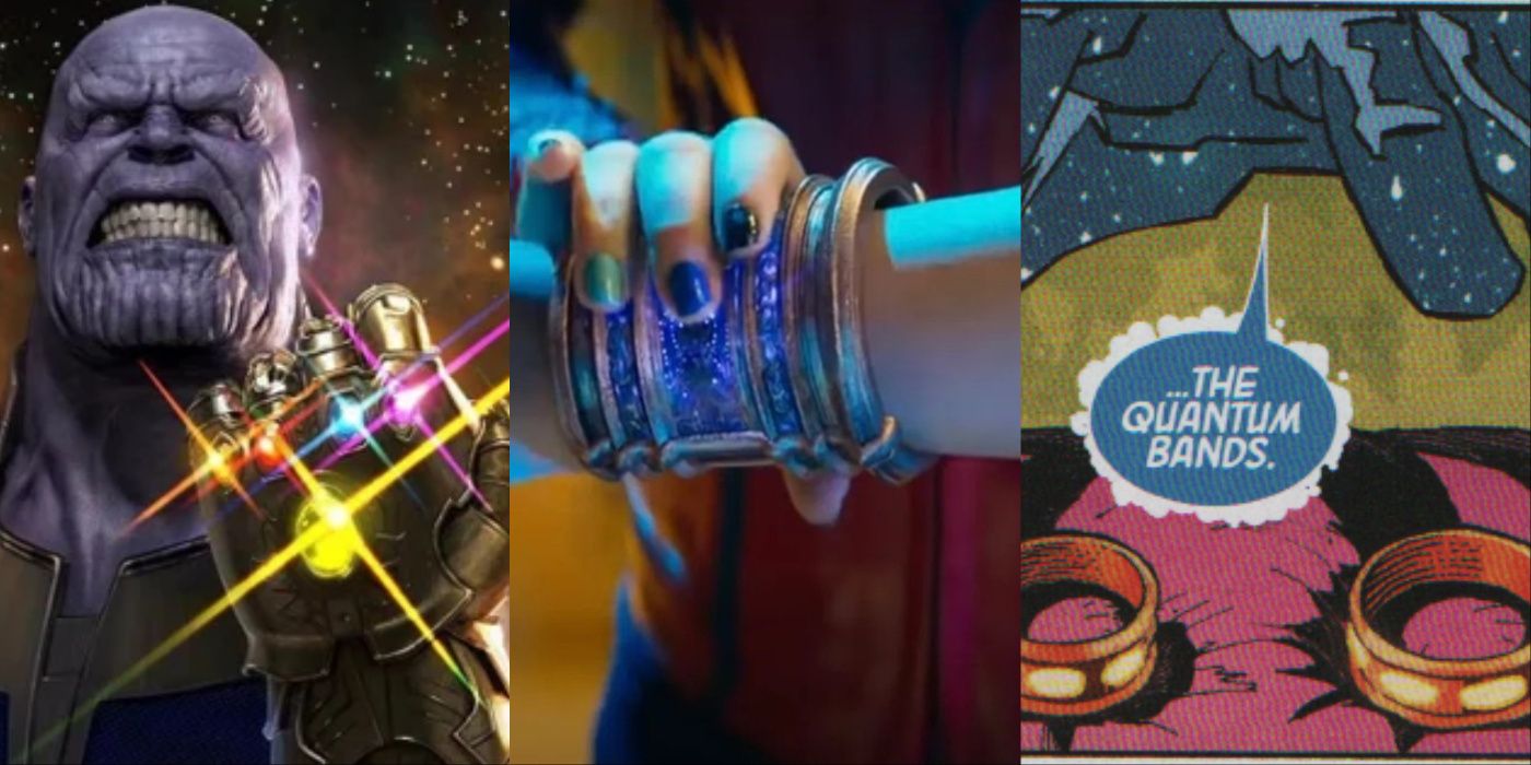 A split image of Thanos with Infinity Stones from the MCU, Ms. Marvel's bangle, and the Quantum Bands