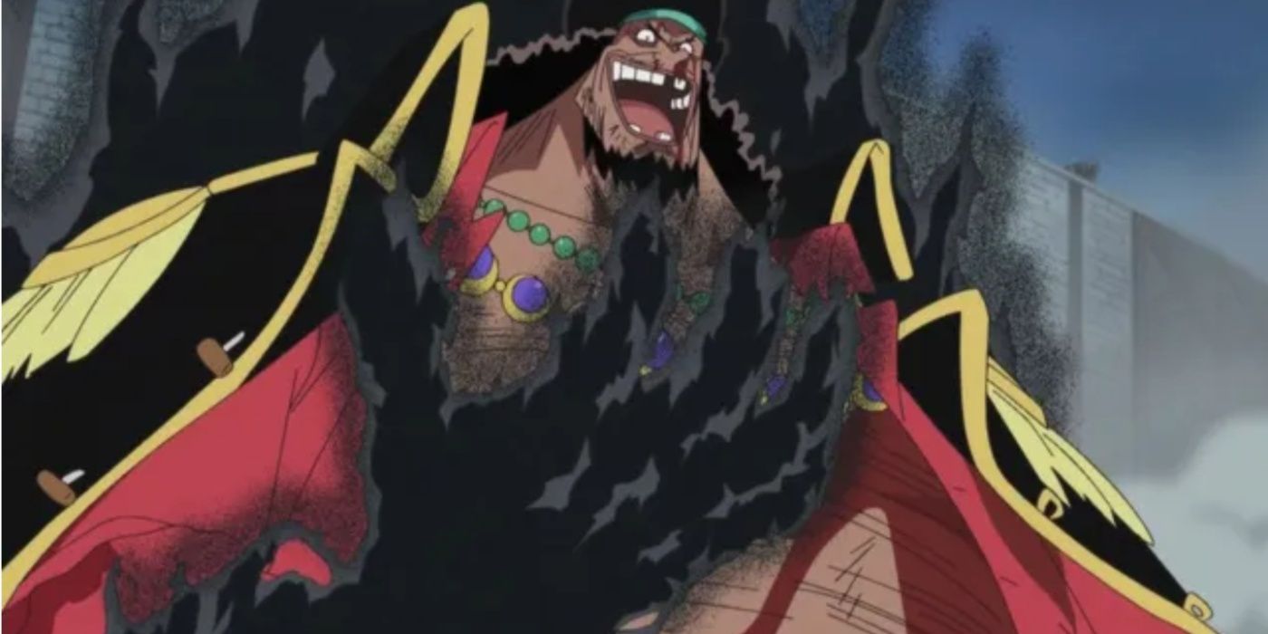 Blackbeard laughs while covering his hand with darkness during the Summit War in One Piece 