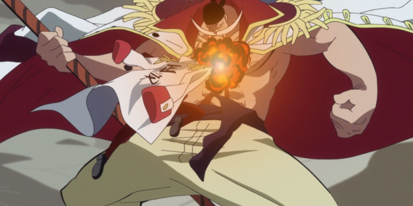 Admiral Akainu uses his Devil Fruit to punch Whitebeard with a magma fist in One Piece