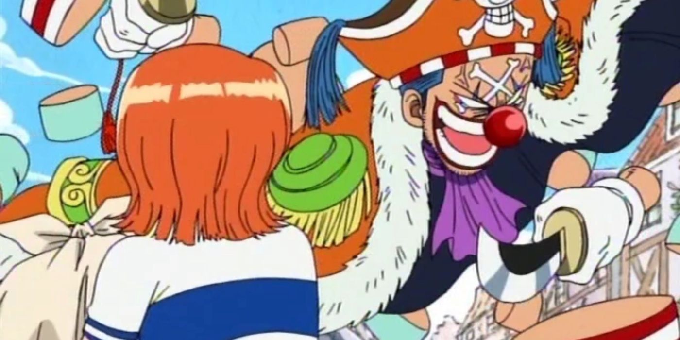 Buggy the Clown laughs as he splits his body apart to attack Nami in One Piece 