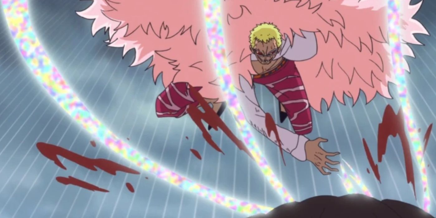 One Piece's Doflamingo using his Goshikito against Monkey D. Luffy during One Piece's Dressrosa Arc