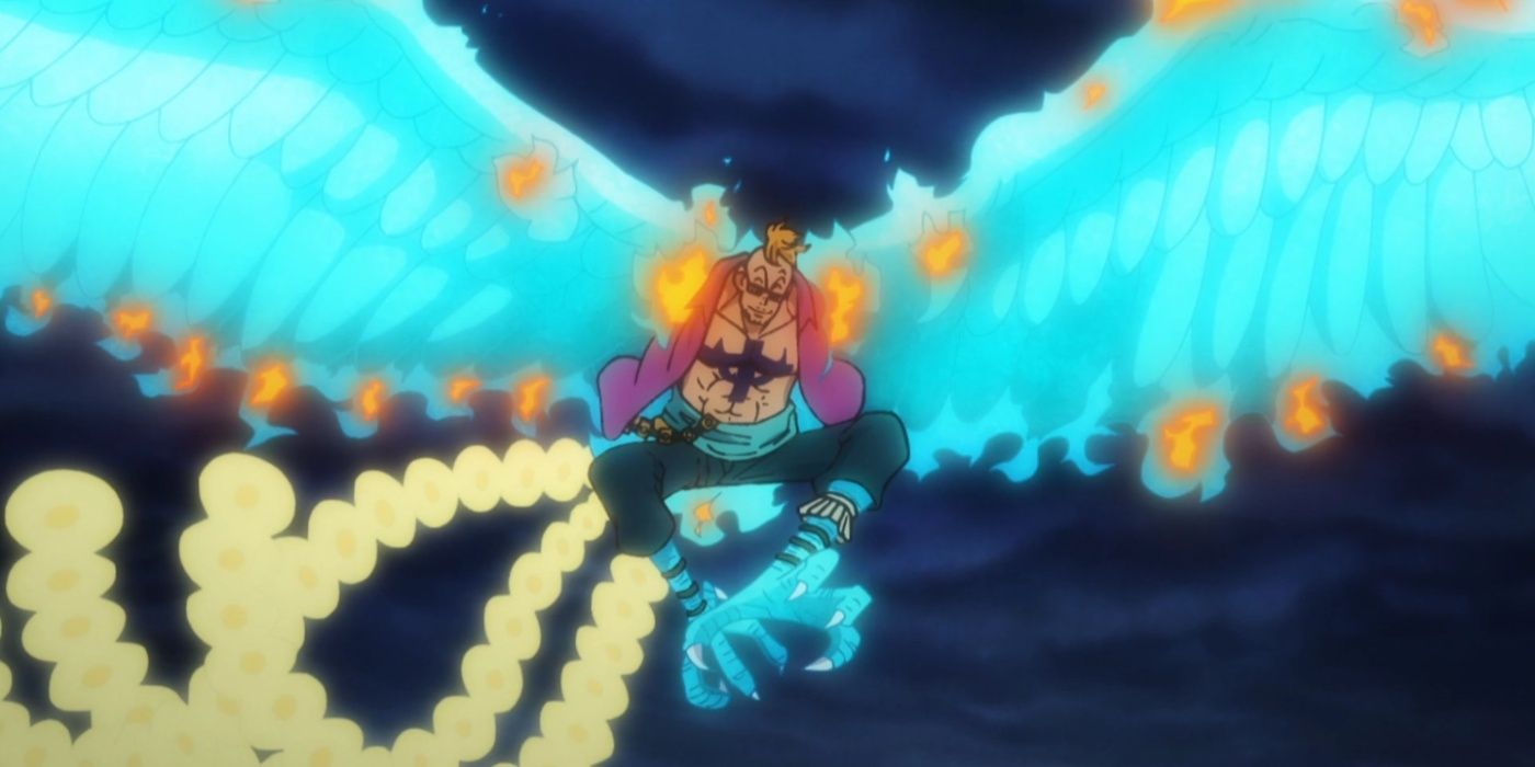 Marco fighting the Beast Pirates in his Phoenix-human hybrid form in One Piece