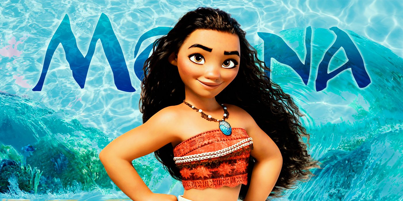 Moana  standing in front of a logo for her film