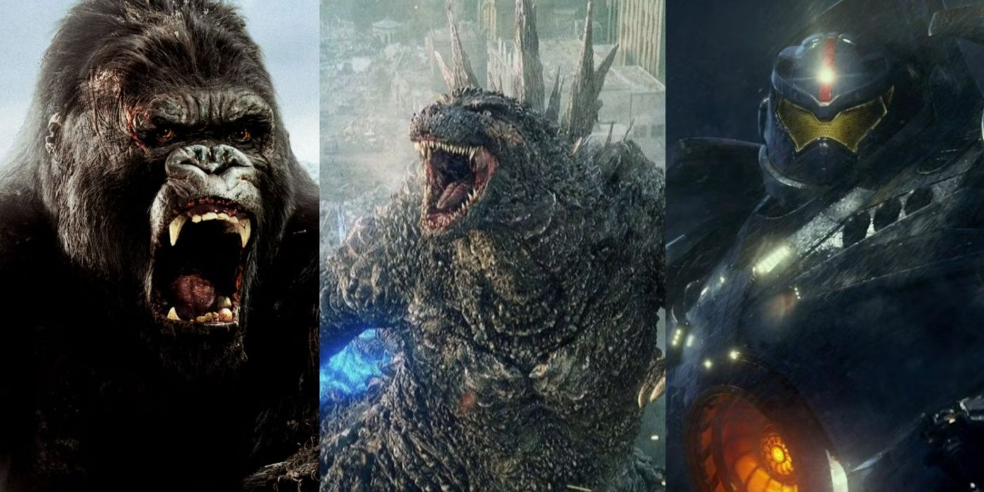 A split image of 2005's King Kong, Godzilla Minus One, and Pacific Rim