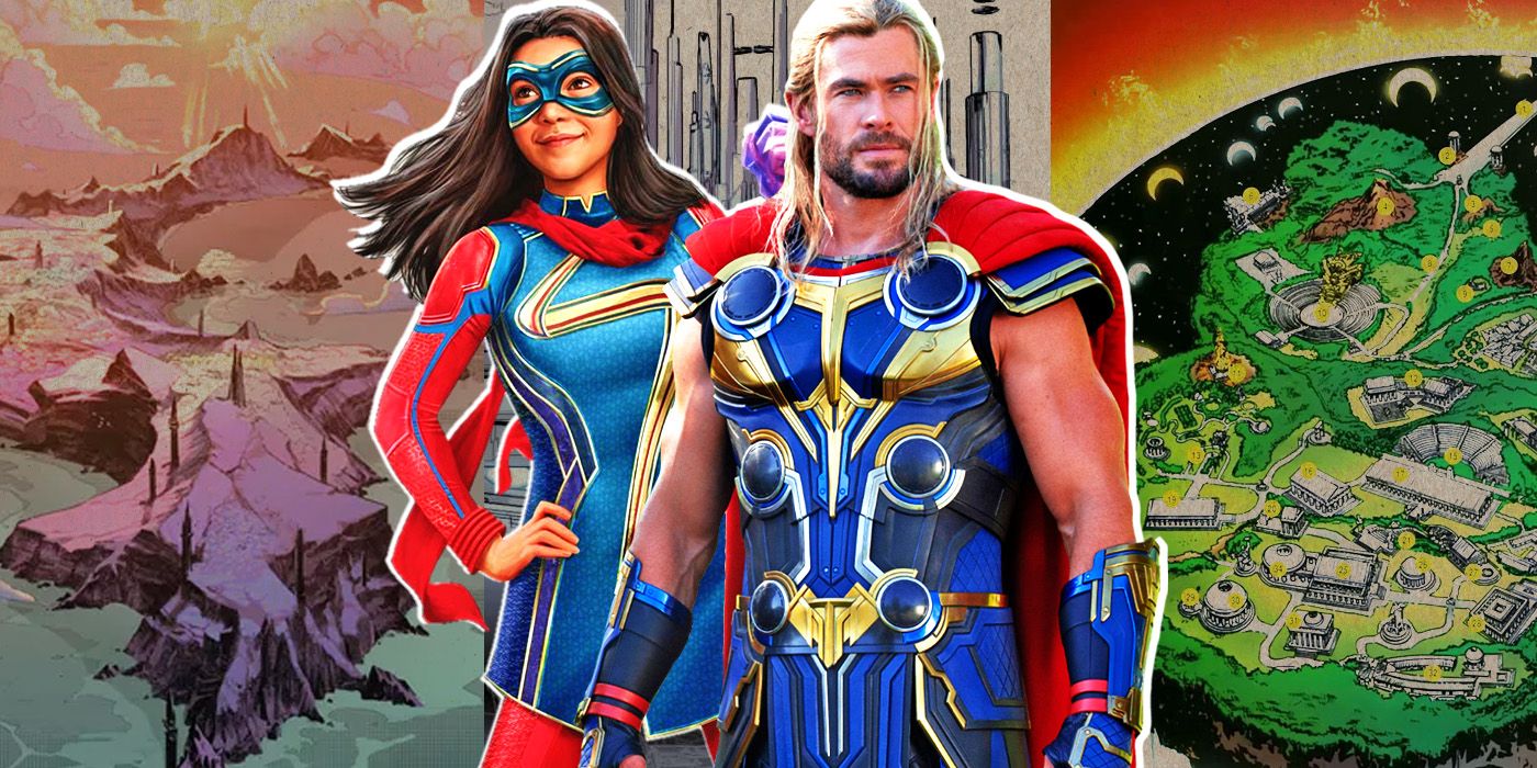 Ms Marvel and Thor in front of various Marvel's Location