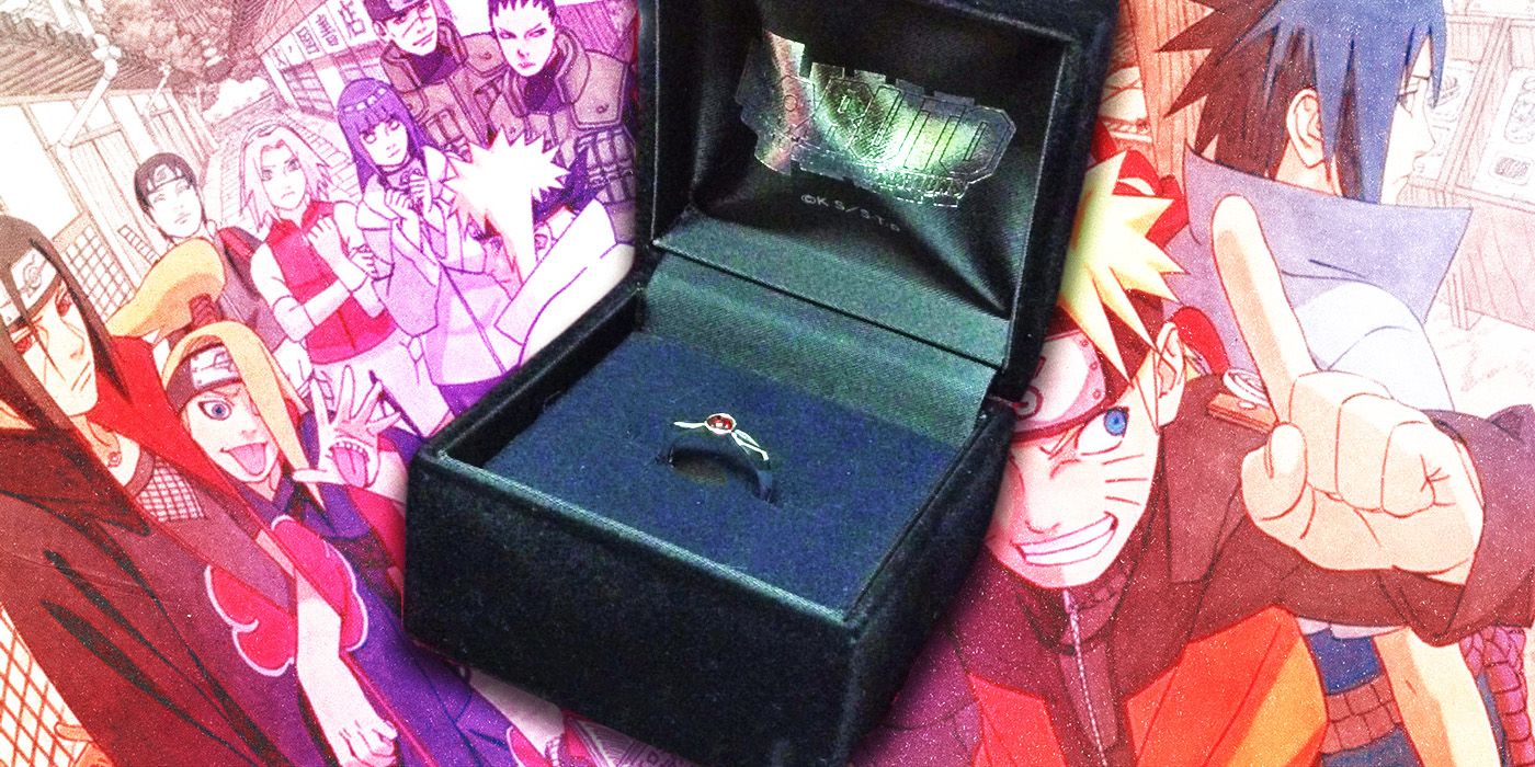 Real-life replica of Sakura's wedding ring from Naruto with main characters from the manga in the background