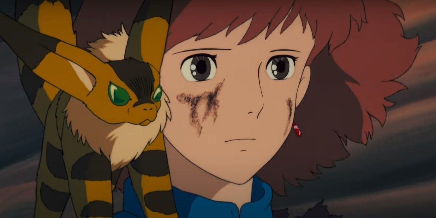 Nausicaa stands with Teto on her shoulder in Ghibli's Nausicaa of the Valley of the Wind