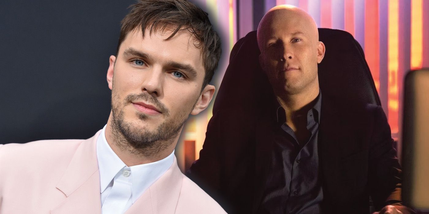Nicholas Hoult beside an image of Michael Rosenbaum's Lex Luthor sitting in a chair.