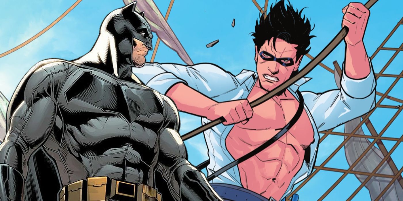 Split image of Batman with Dick Grayson in a pirate costume in the background from Nightwing #109