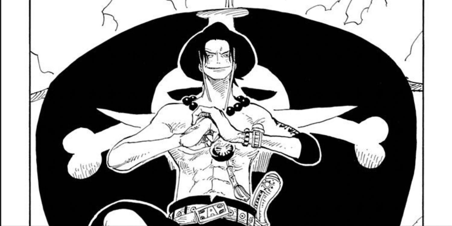 Ace at his ship's mast in One Piece manga's Blackbeard Search" Cover Story.