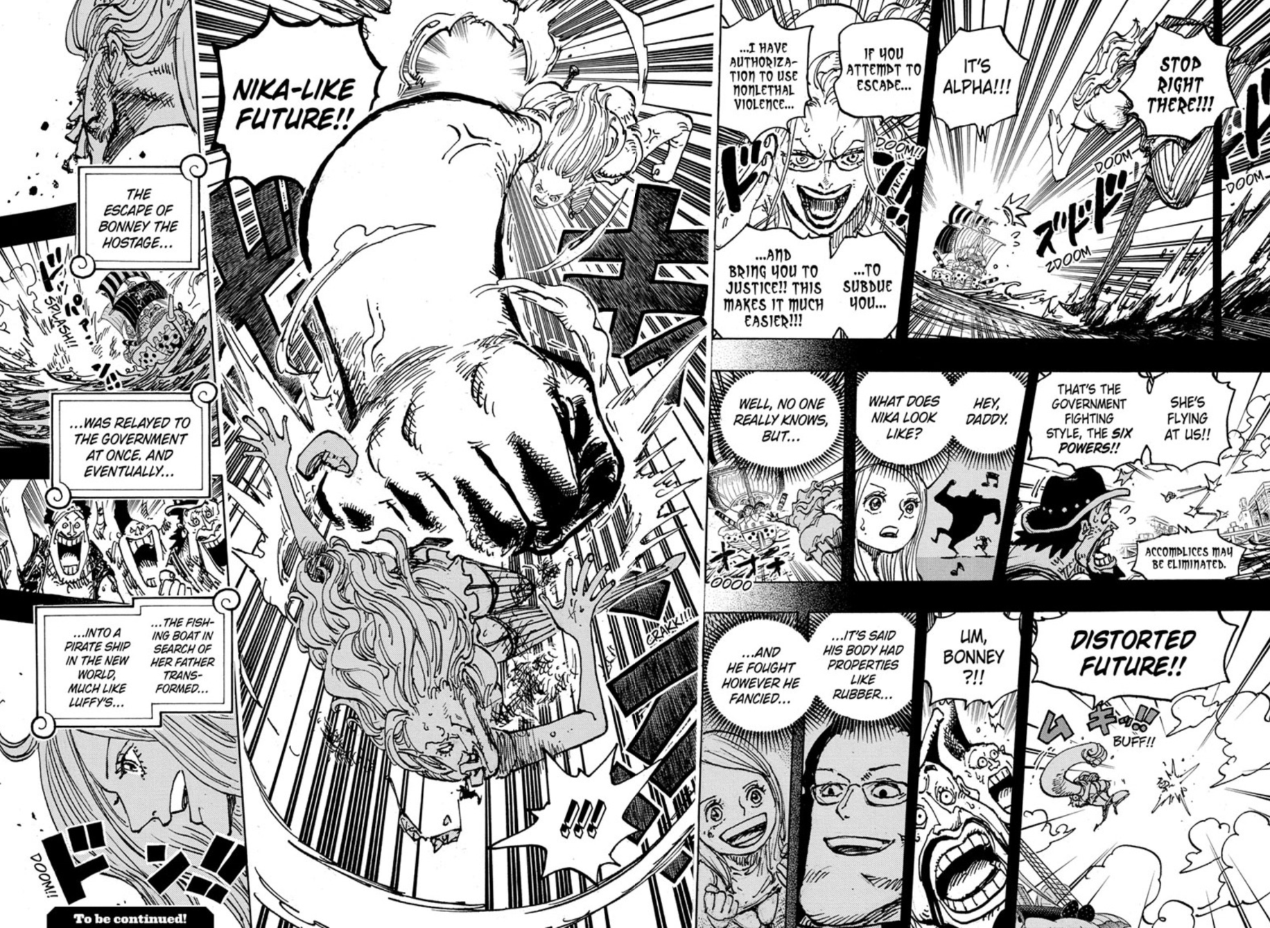 Jewelry Bonney uses Distorted Future to turn into Nika, knock out Alpha, and start her pirate voyage.