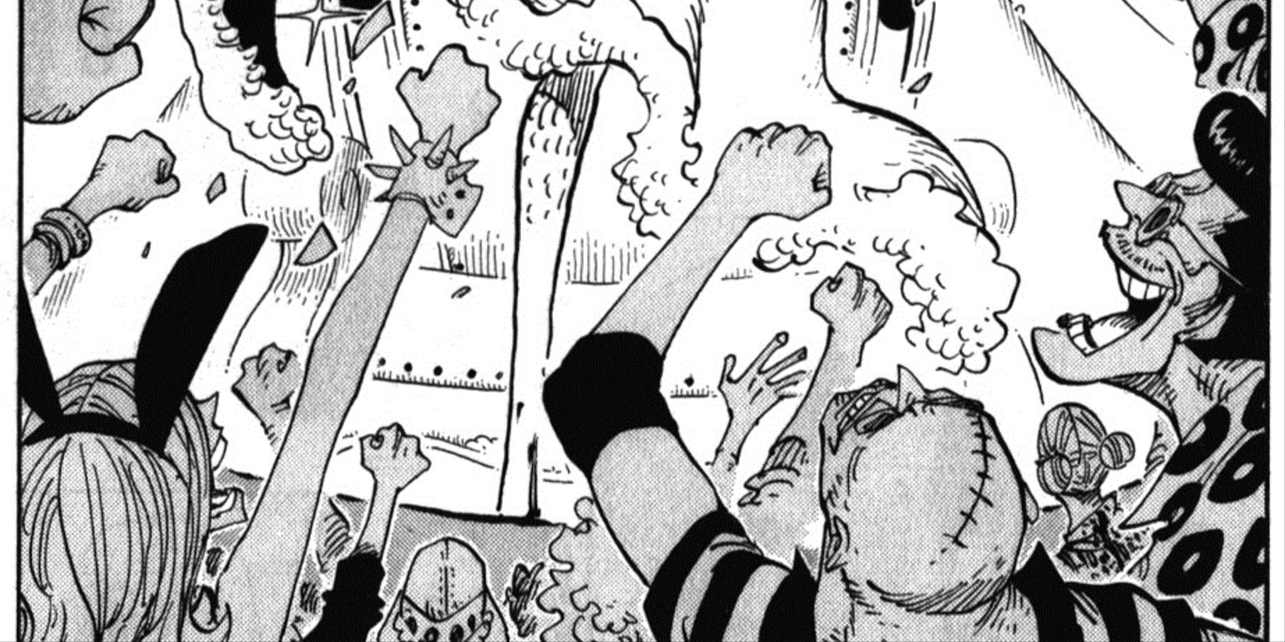 Passionate cheers break out from the crowd in One Piece manga's Chapter 666, Volume 46.