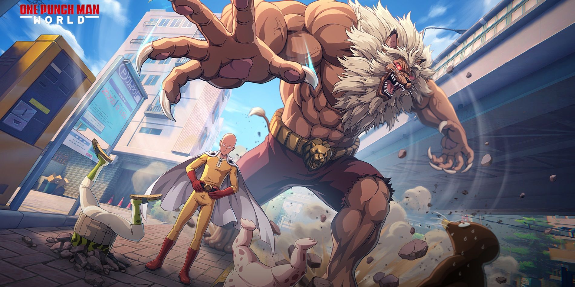 Imagen oficial de One Punch Man: World que muestra a Saitama siendo atacado por el Rey Bestia