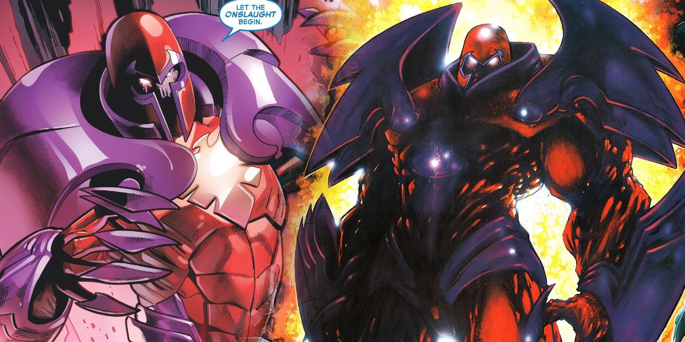 Imagem dividida da forma original de Onslaught e seu novo poder de Fênix de Original X-Men #1
