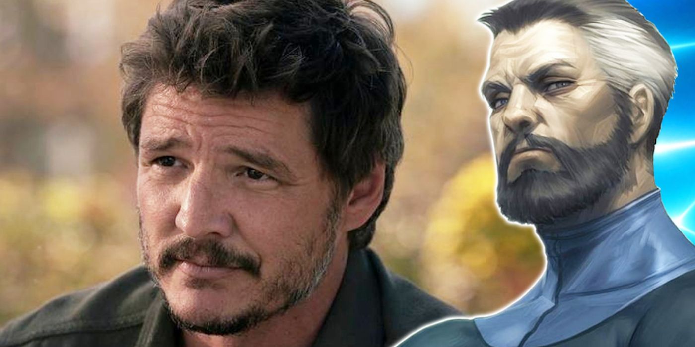 The actor, Pedro Pascal, in a movie still next to a picture of Mr. Fantastic from Marvel's The Fantastic Four