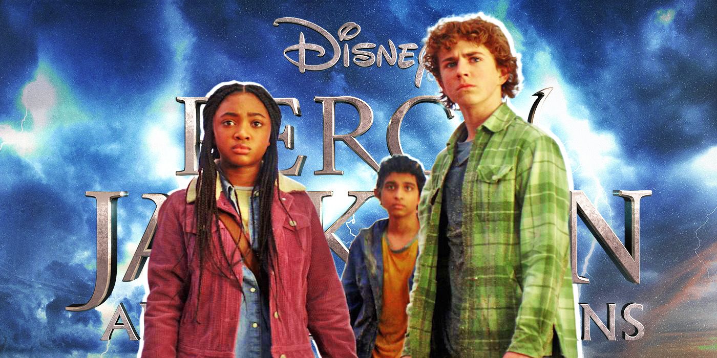 Annabeth, Percy Jackson and Grover in front of the Percy Jackson and the Olympians logo