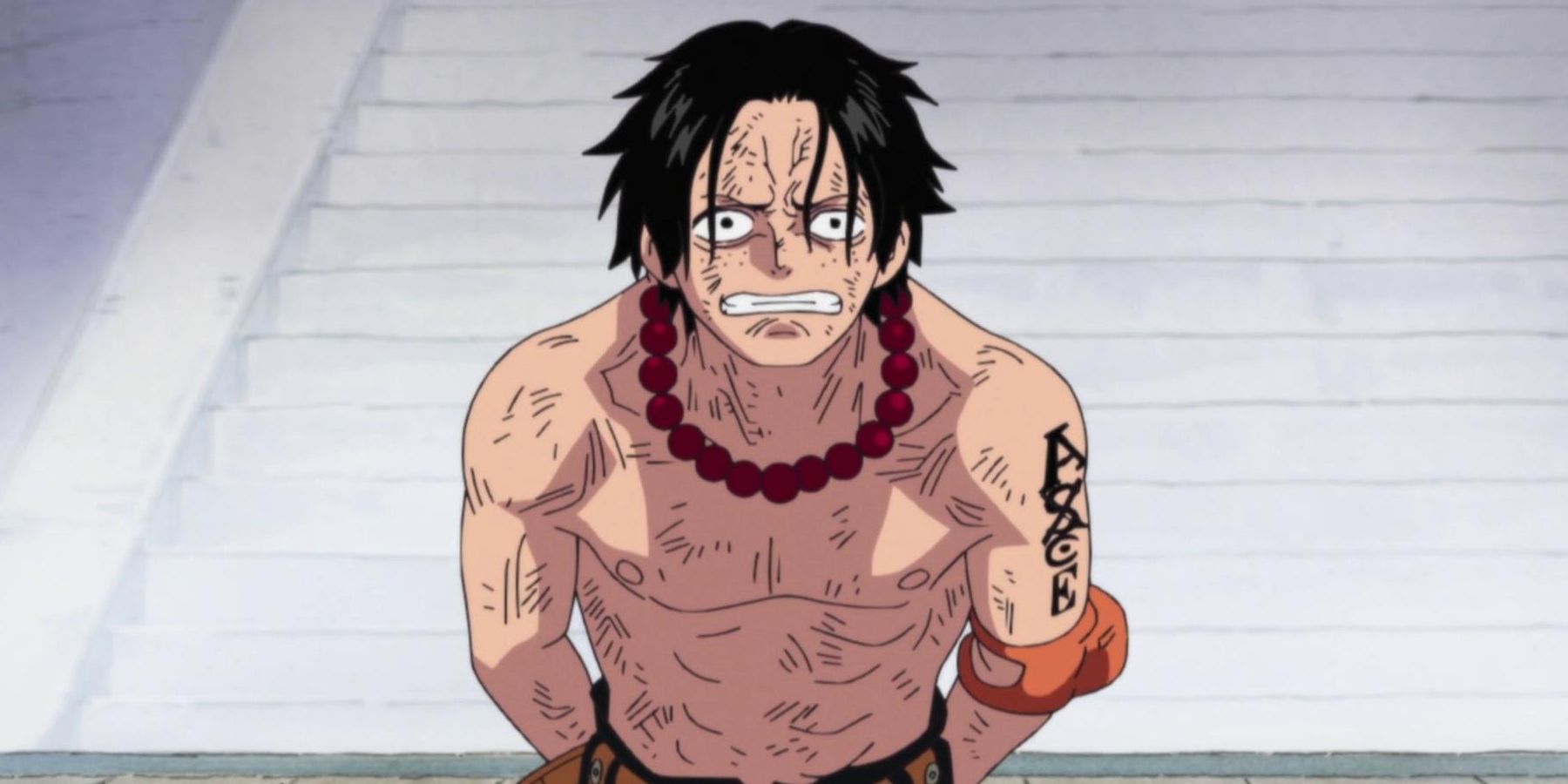 A beaten up Portgas D. Ace kneels in the One Piece anime series.