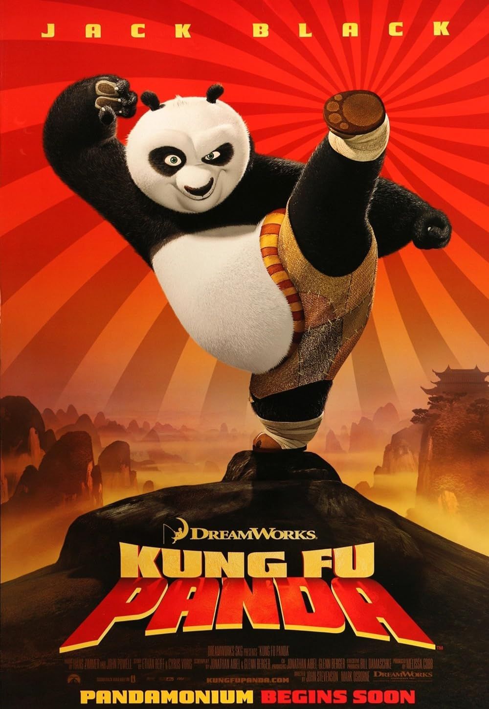 Pôster de Kung Fu Panda da DreamWorks Animation mostrando o personagem titular praticando artes marciais