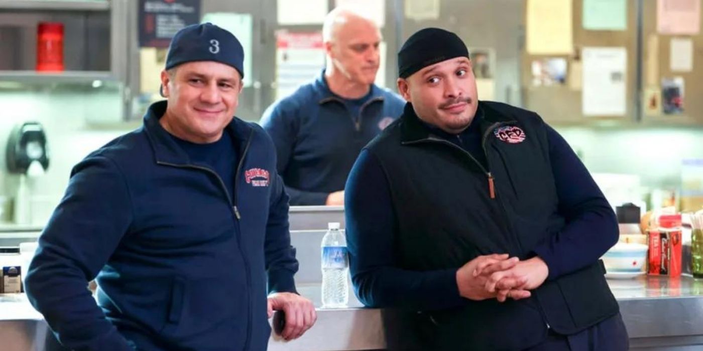 Randy Flagler as Harold Capp stands behind Anthony Ferraris as Tony Ferraris and Joe Minoso as Joe Cruz on Chicago Fire