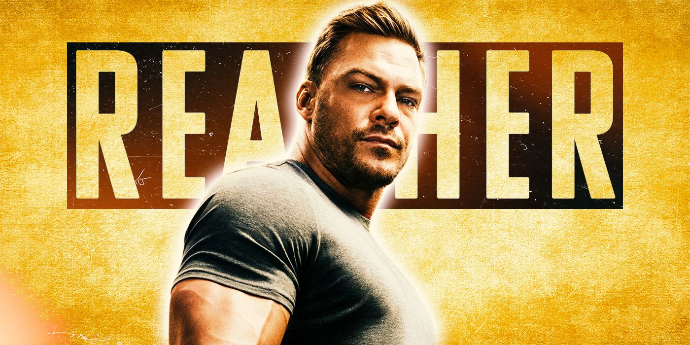Alan Ritchson with a background of the Reacher logo