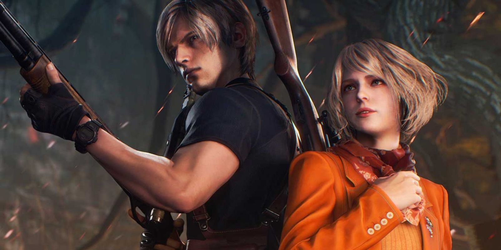Resident Evil 4 Remake's Leon and Ashley standing back to back