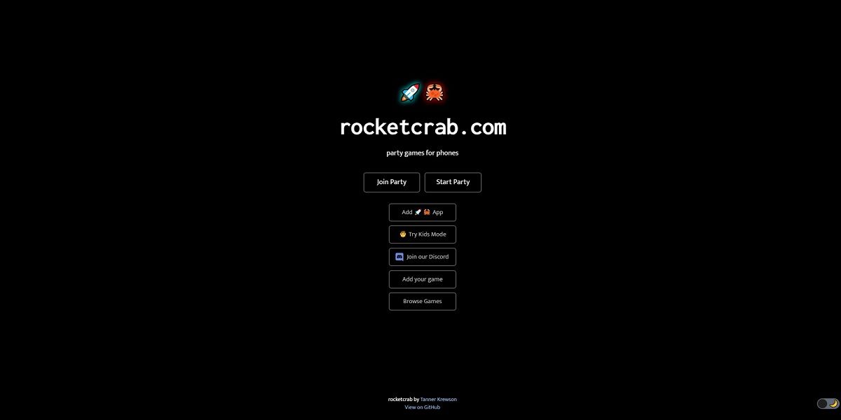 Home screen for the Rocket Crab game hosting platform