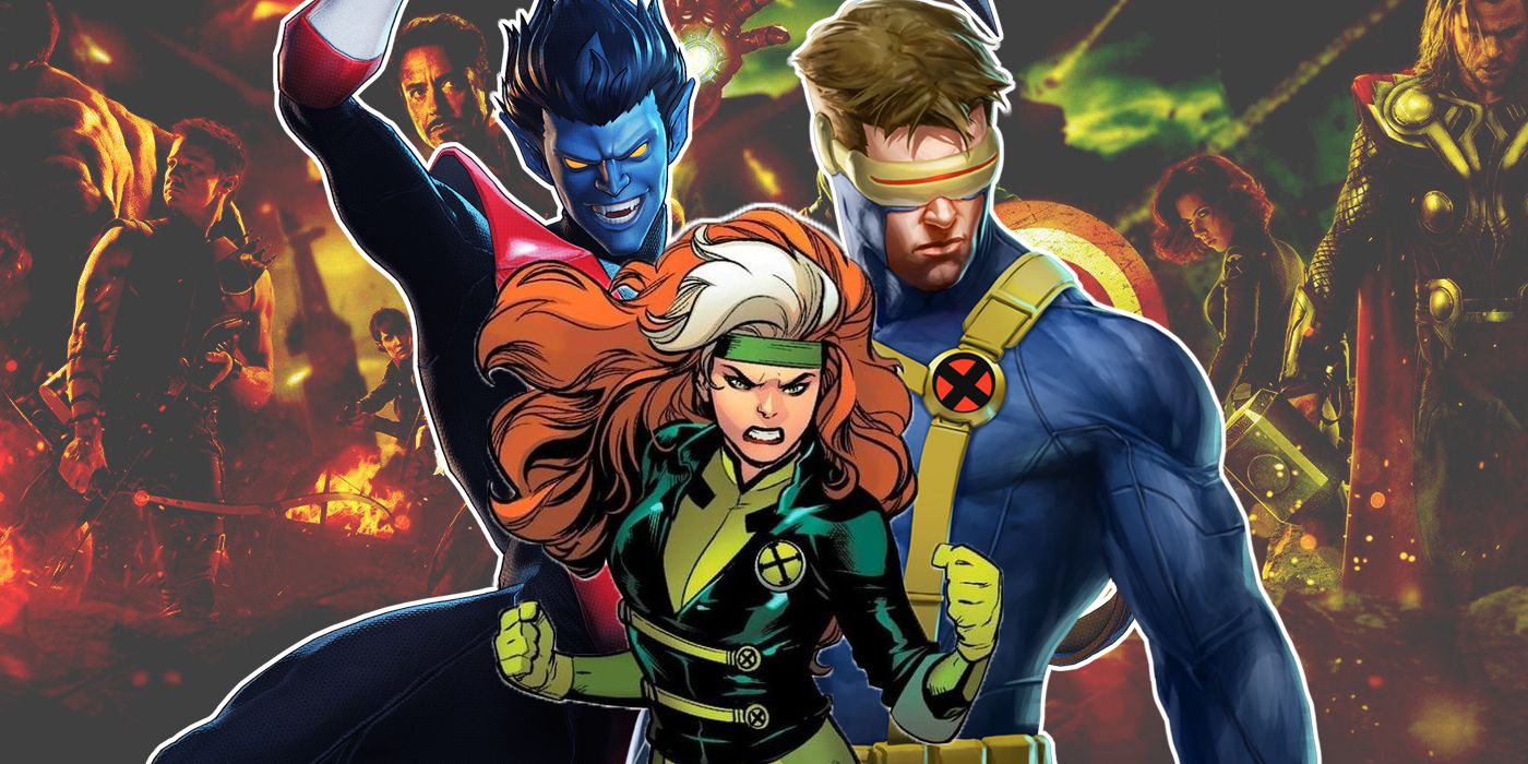 Rogue, Cyclops and Nightcrawler from Marvel Comics with the MCU Avengers in the background