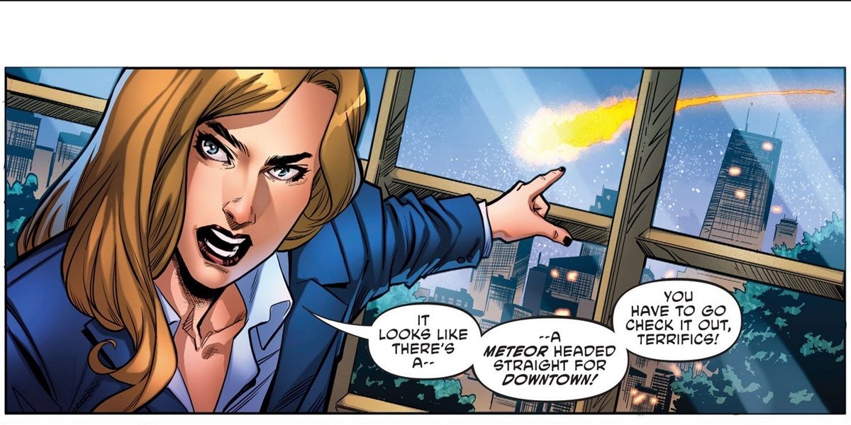Sapphire Stagg telling the Terrifics to investigate a meteor in DC Comics