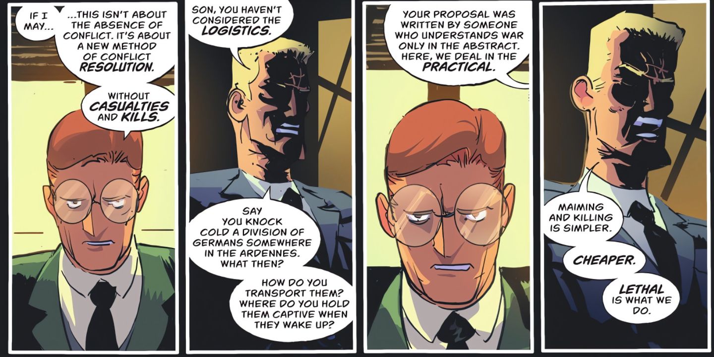 Wesley Dodds discusses the military application of his sleep-gun from DC Comics