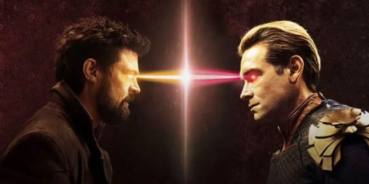 Billy and Homelander locking laser eyes in a poster for The Boys