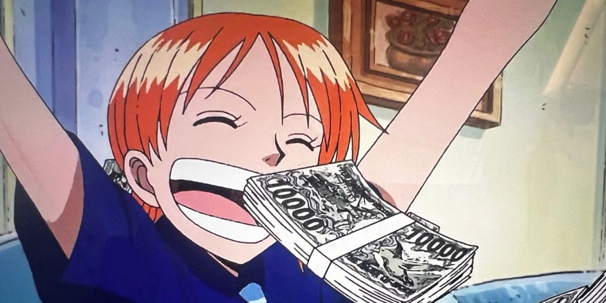 Nami looks excited with money in One Piece.