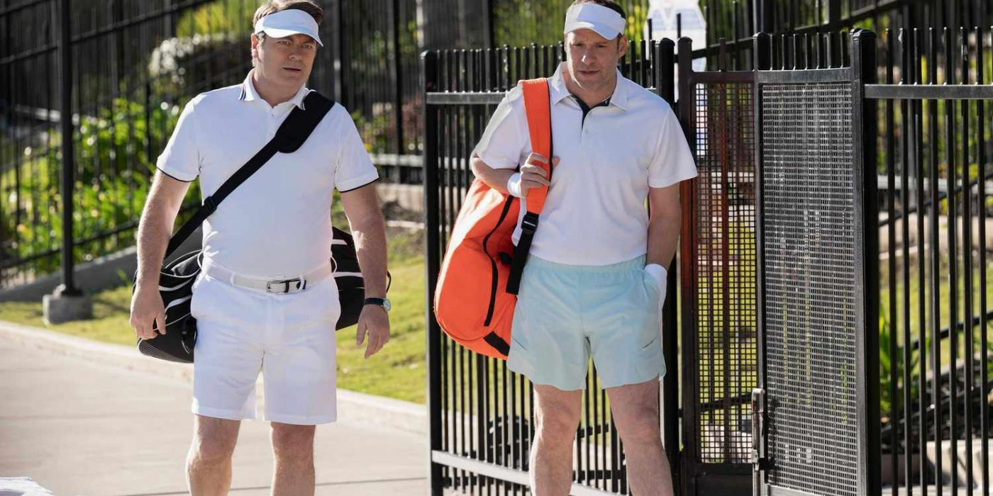 Ken Griffin (Nick Offerman) e Gabe Plotkin (Seth Rogen) usam trajes de tênis em Dumb Money