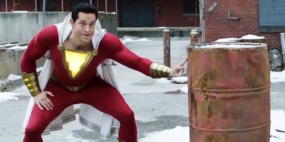 Shazam prepares to flick a barrel in Shazam
