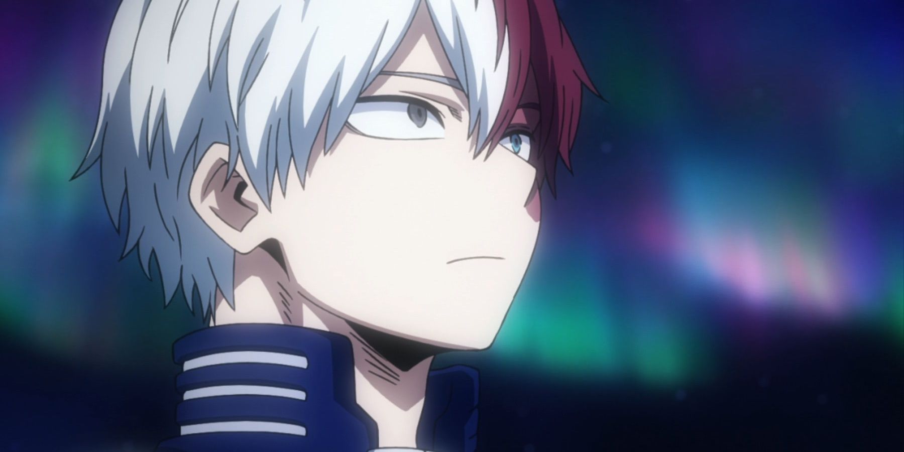 shoto todoroki olhando para cima com uma aurora ao fundo